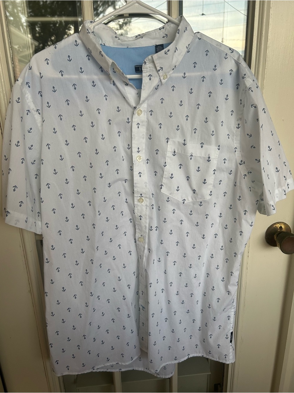 Men's White Short-Sleeve Anchor Print Button-Down Shirt